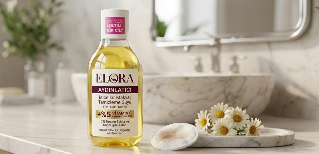 ELORA micellar makyaj temizleme suyu — şeffaf şişe, altın tonlu sıvı ve mermer banyo ortamı